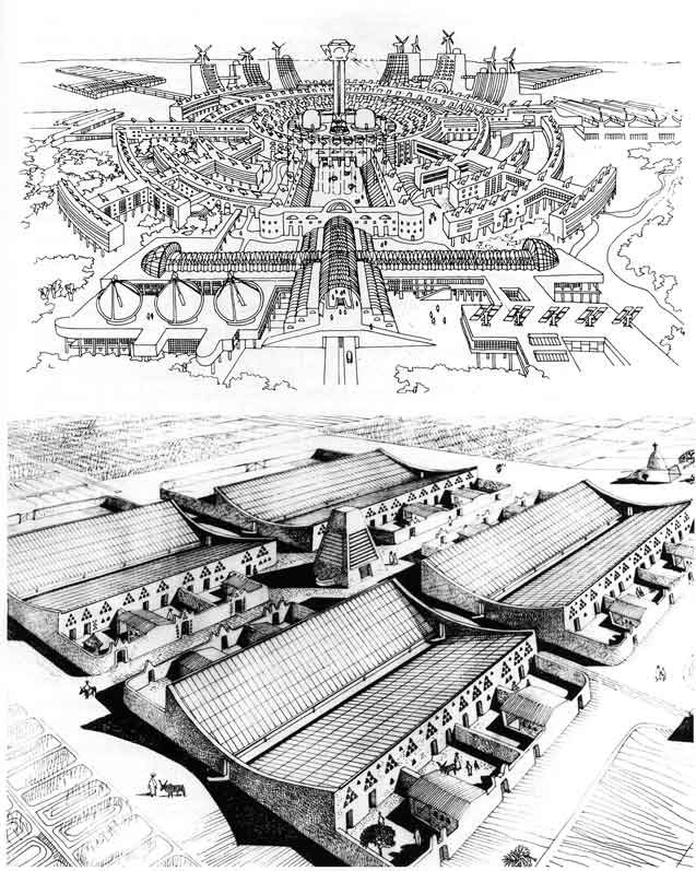 مشروع المدينة المثالية المستقلةذات الطاقة الذاتية (فوق) 1980م. ومشروع المزرعة المستقلة (تحت) 1976م للمهندس الفرنسي جورج الكسندروف.